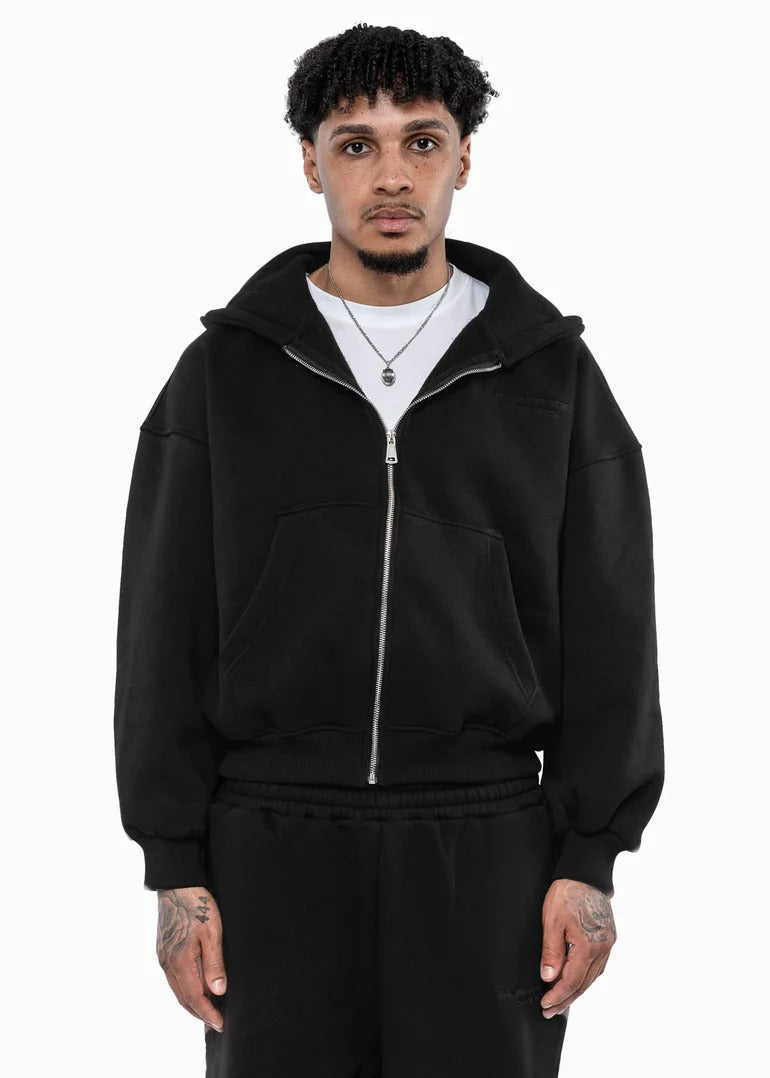 BLACK ON BLACK ZIP HOODIE